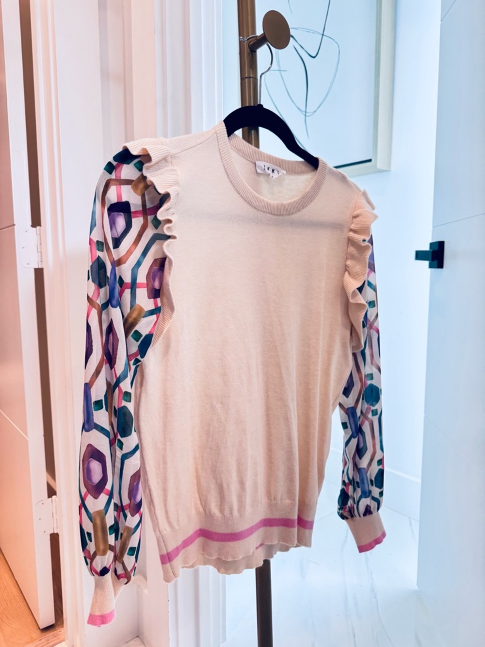 THML Women's Cream Ruffle Sweater with Multicolor Geometric Sleeves, XS